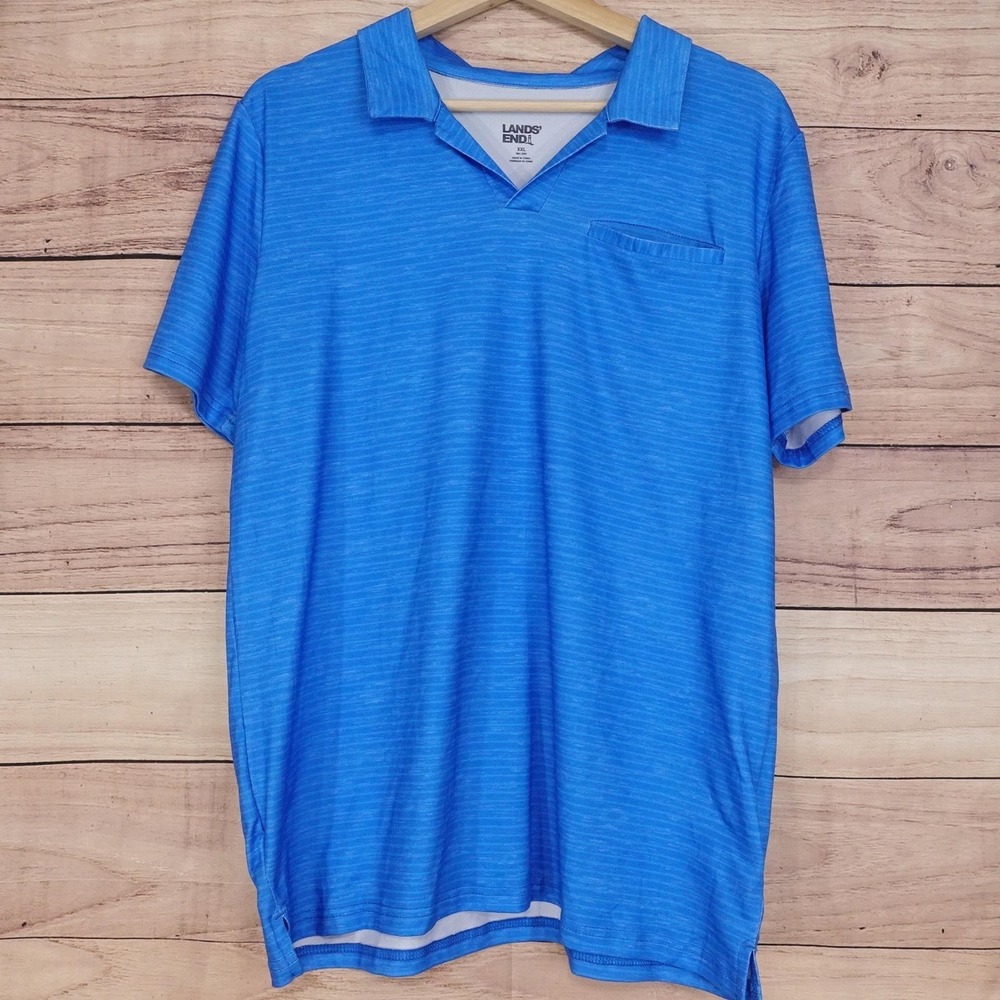 Lands' End Polo Shirt Boys XXL 18H-20H‎ Blue Stripe Short Sleeve Stretch Tagless